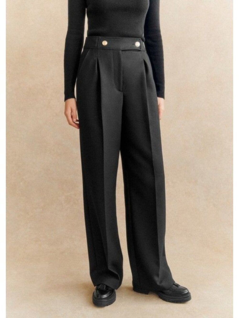 NWT Sezane Auguste Trouser in Black Pleated High Rise Wool Blend Pants 42 / 10
